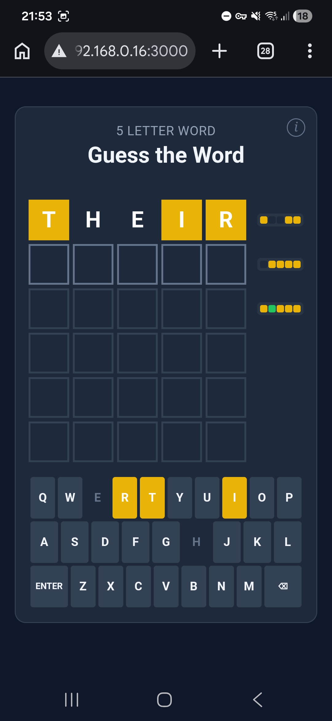 5 Letter Word — 1 green and 4 yellow showing the leader's progress