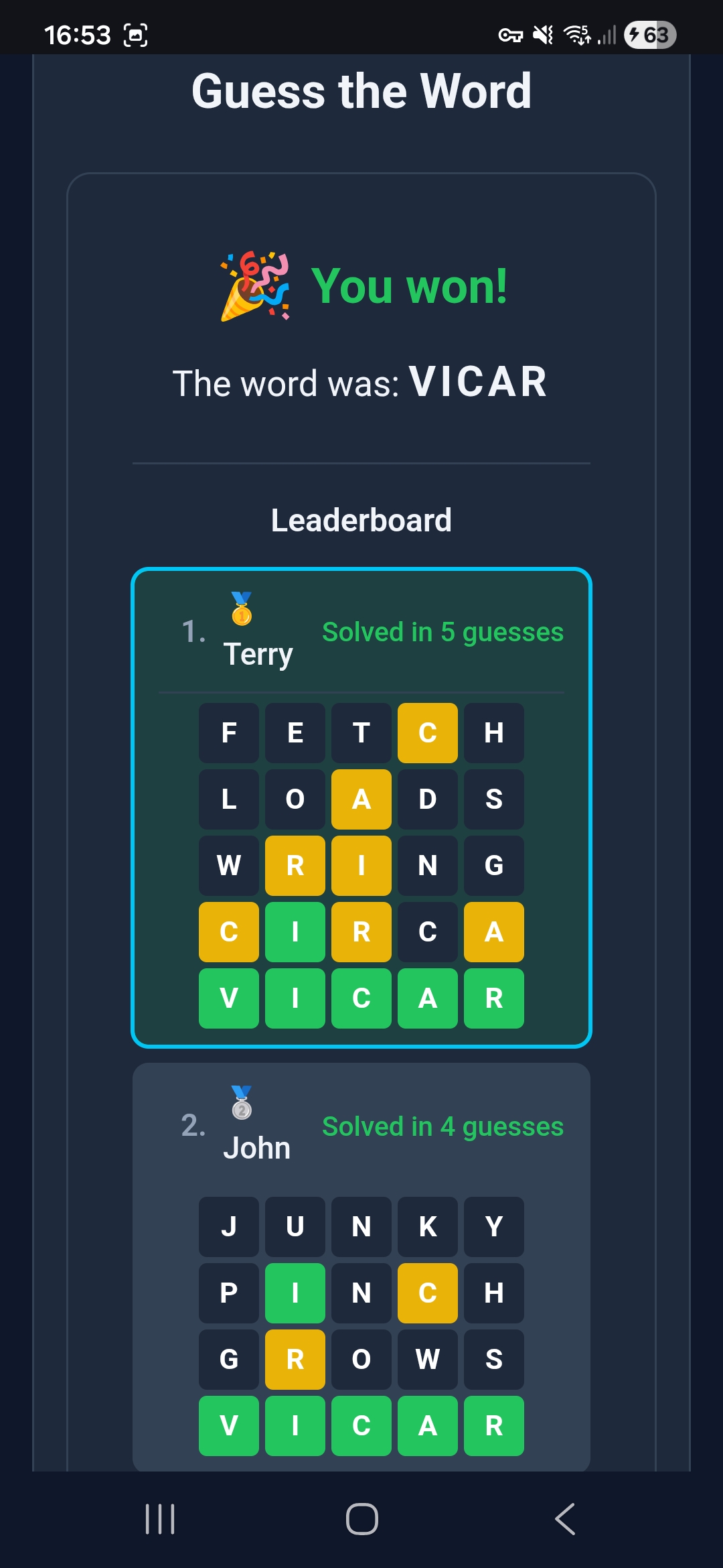 5 Letter Word — winner screen