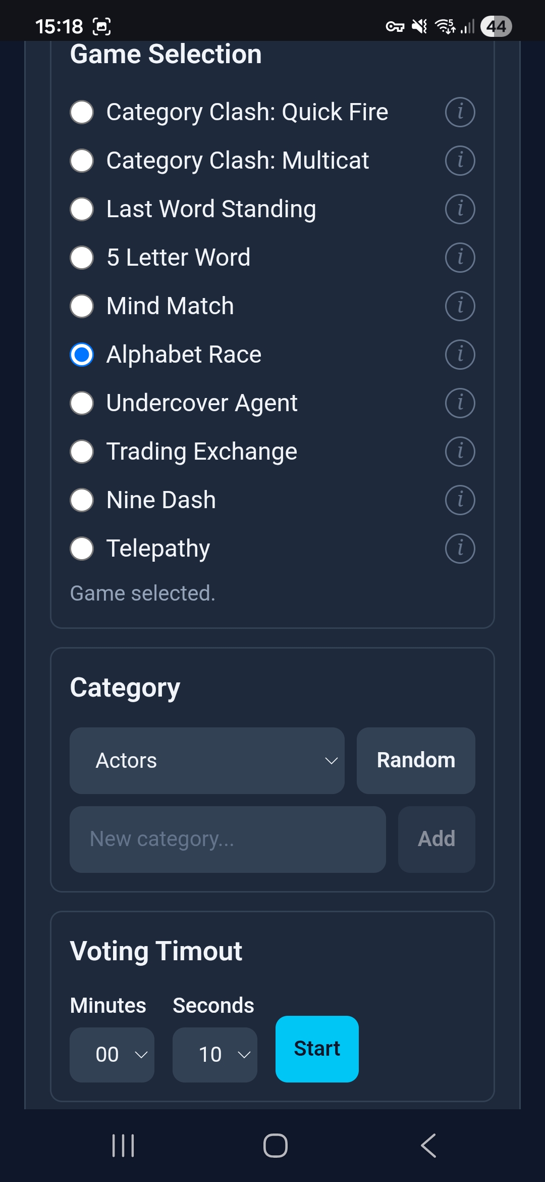 Alphabet Race admin configuration