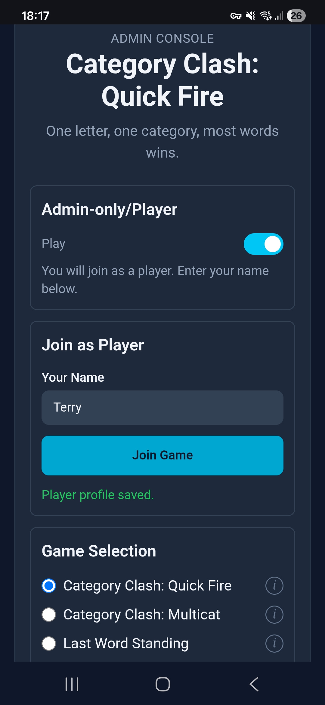 Admin console upper section