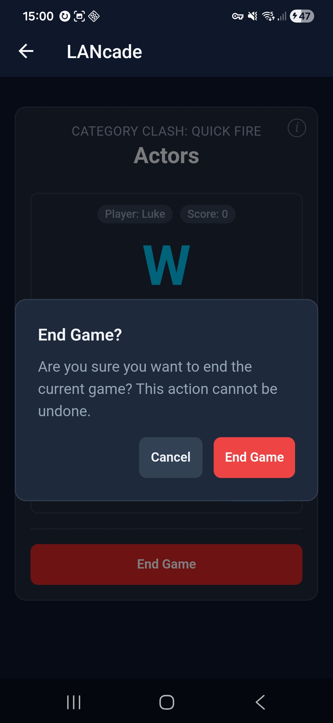 Admin end game screen