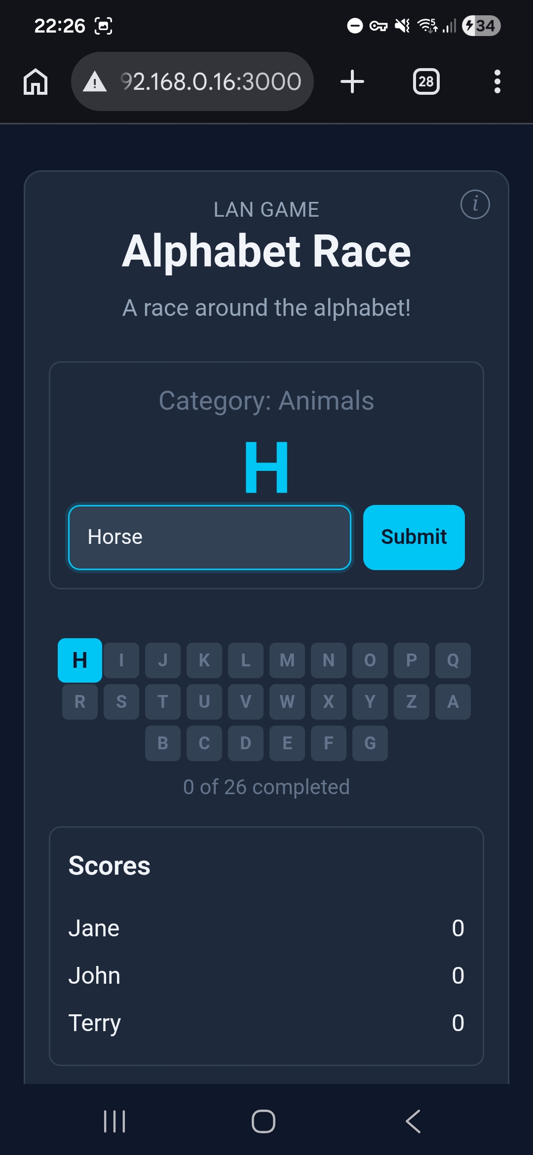 Alphabet Race — starting on letter H