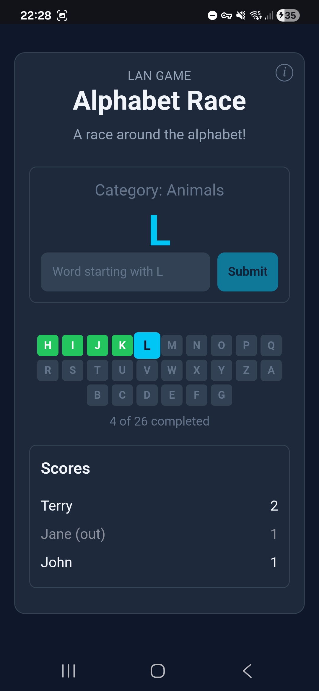 Alphabet Race — Jane still out from penalty