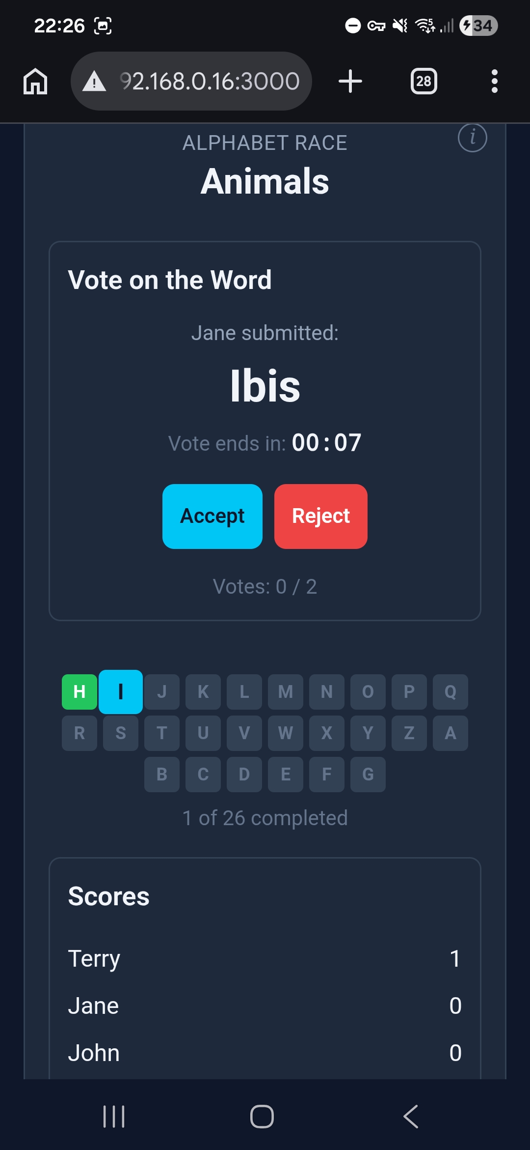 Alphabet Race — voting screen