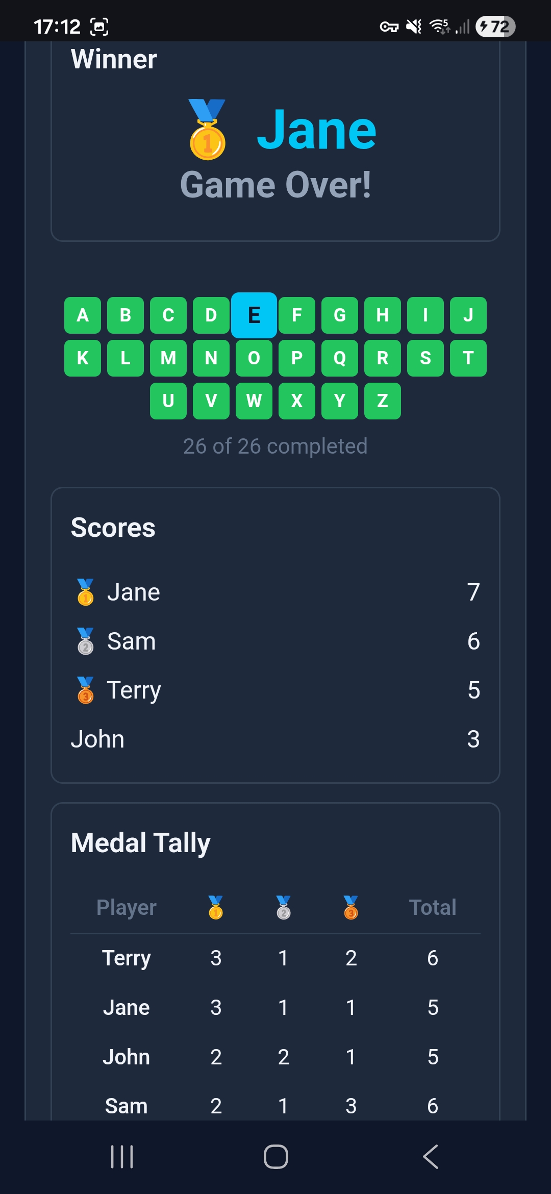 Alphabet Race — winner screen