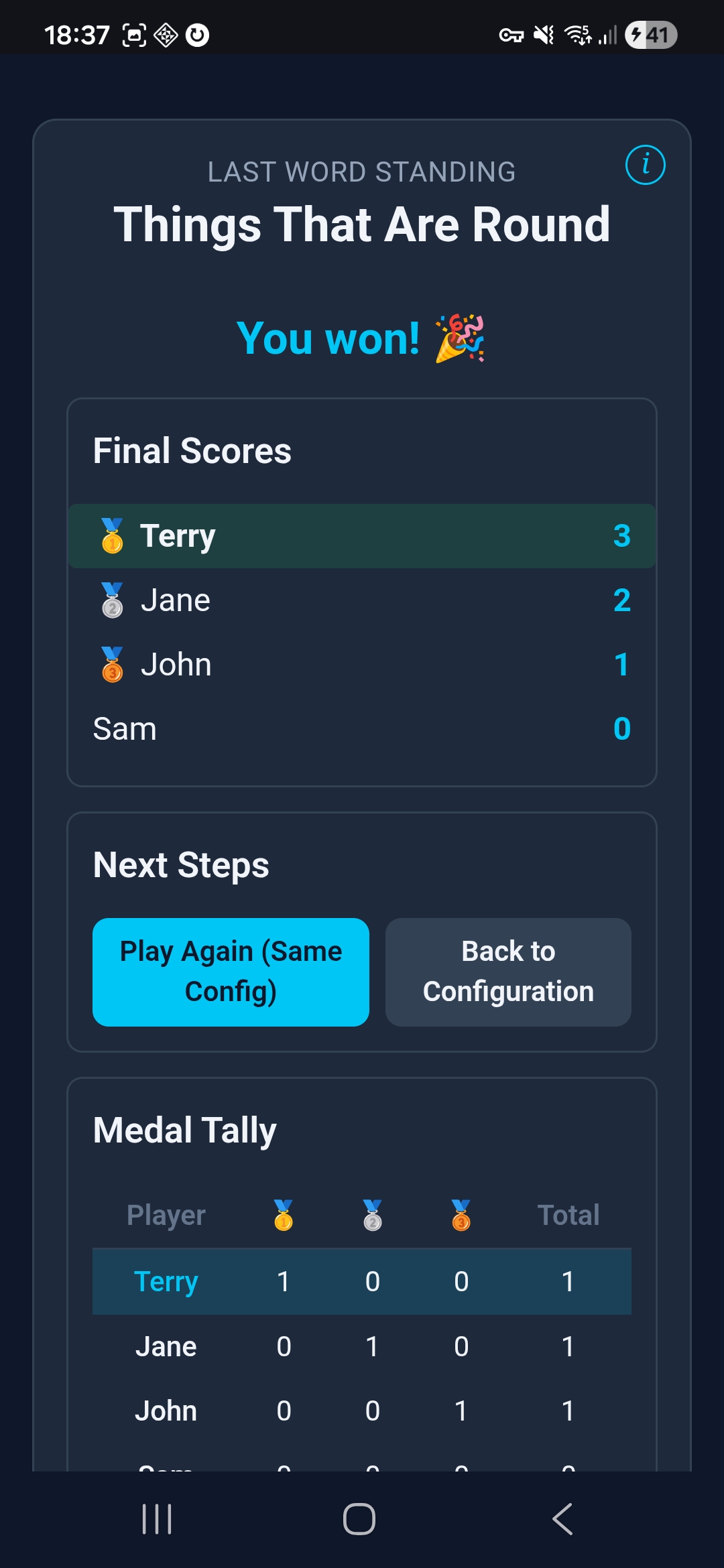 Last Word Standing — winner screen