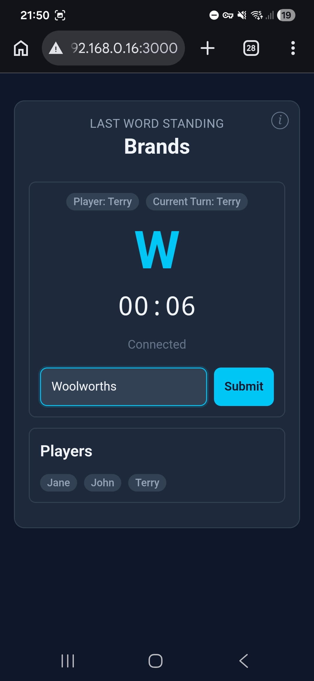 Last Word Standing — my turn, word filled in