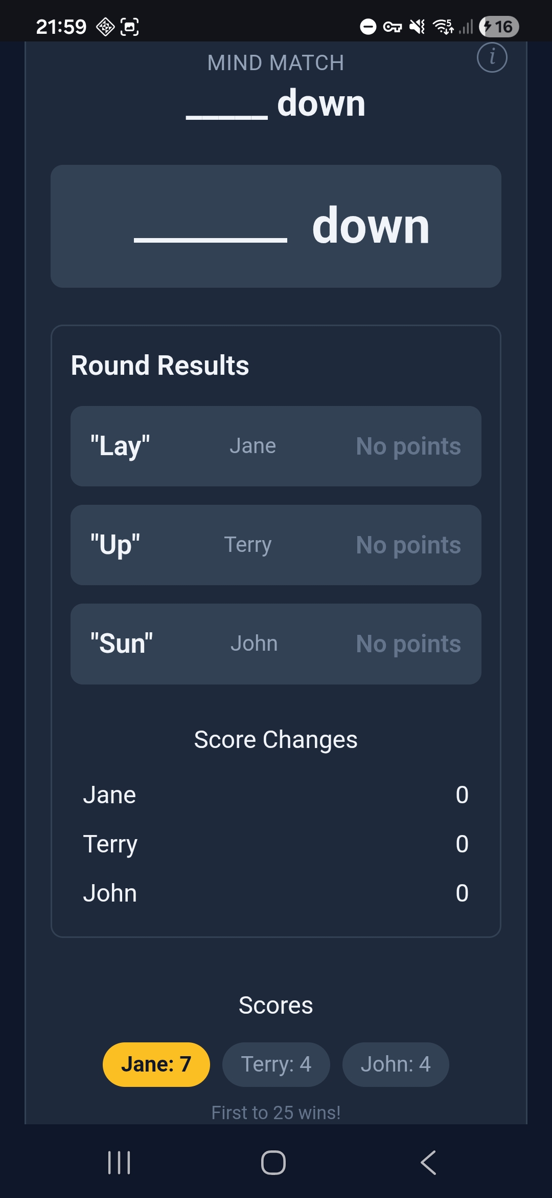 Mind Match — all unique answers, 0 points