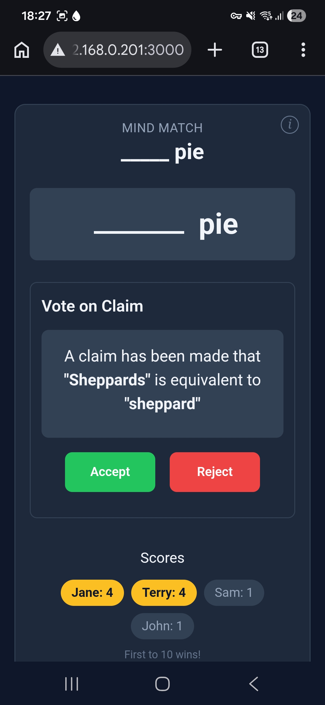 Mind Match — claim voting screen