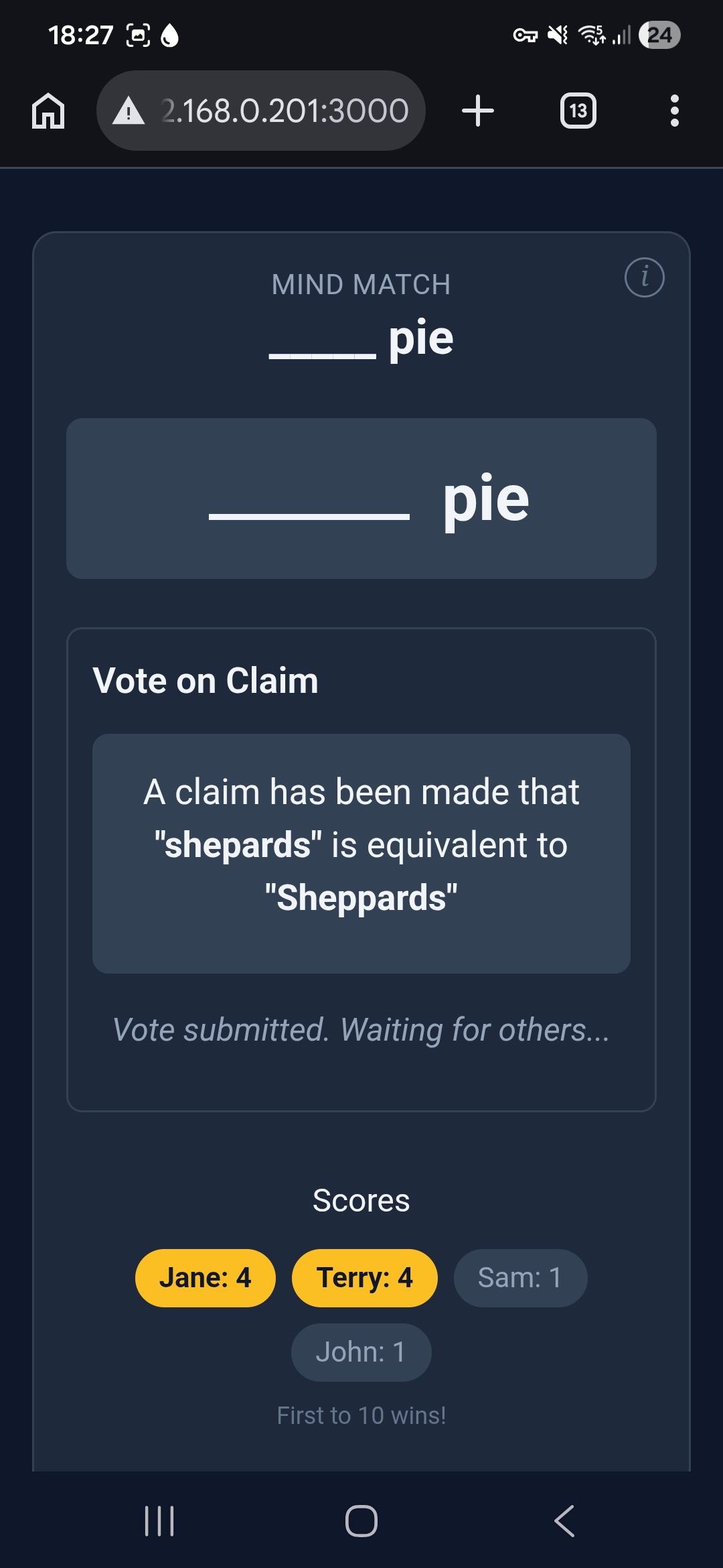 Mind Match — claim voting waiting screen