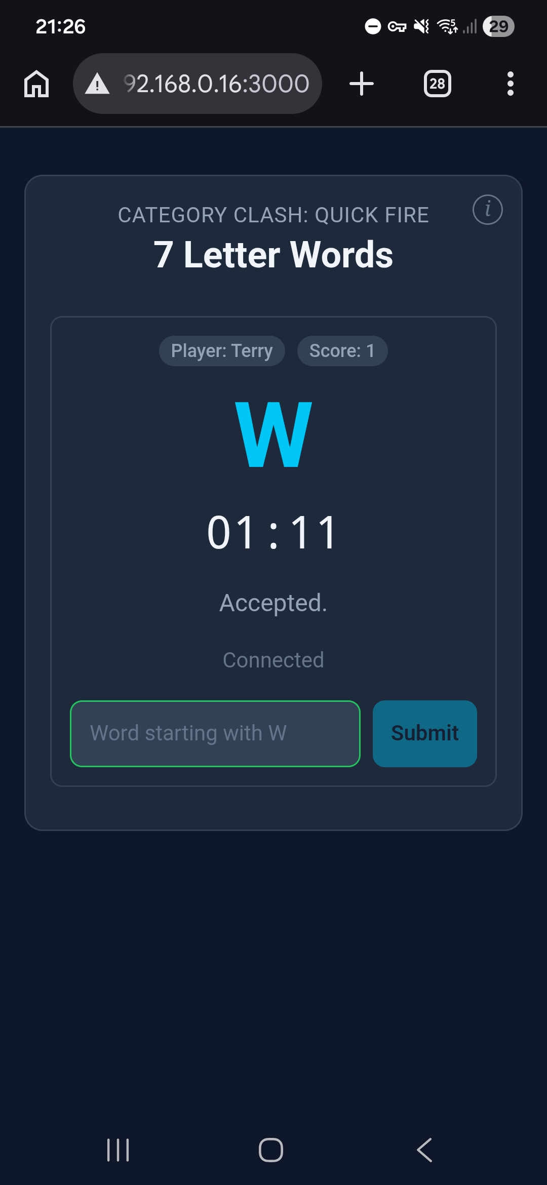 Quick Fire — word accepted successfully