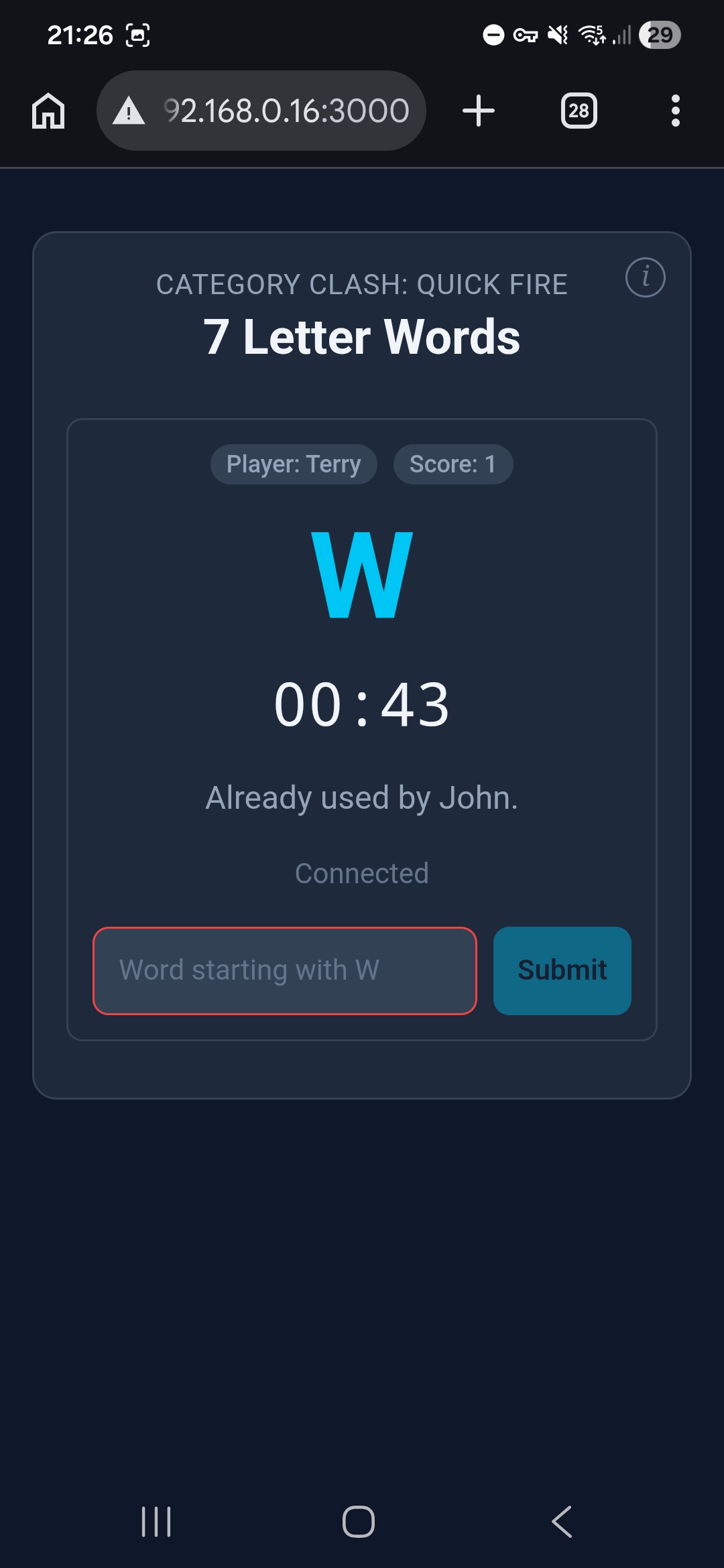 Quick Fire — word rejected
