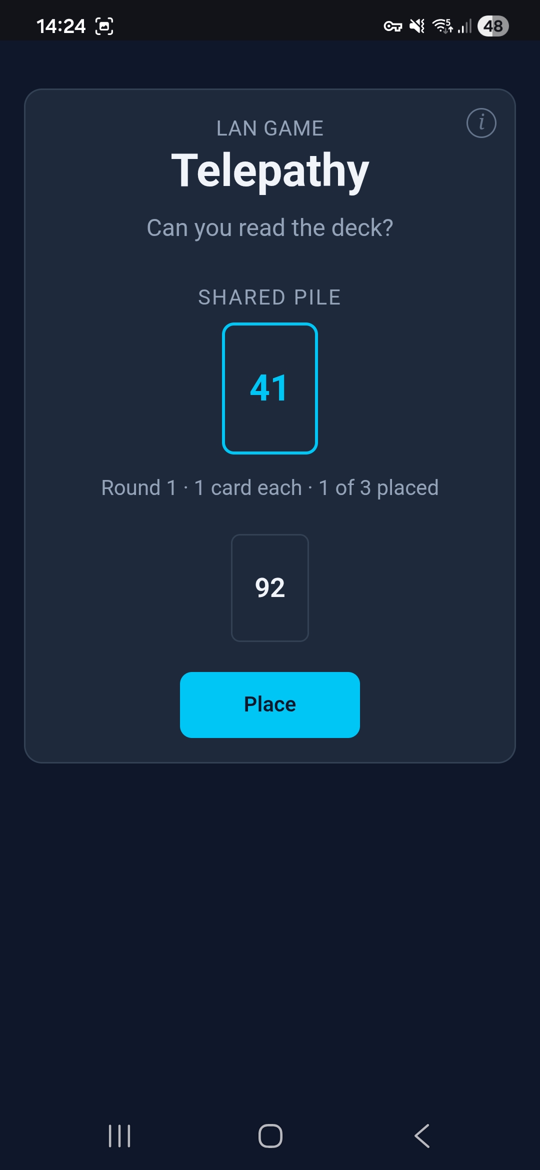 Telepathy — round 1, one card placed