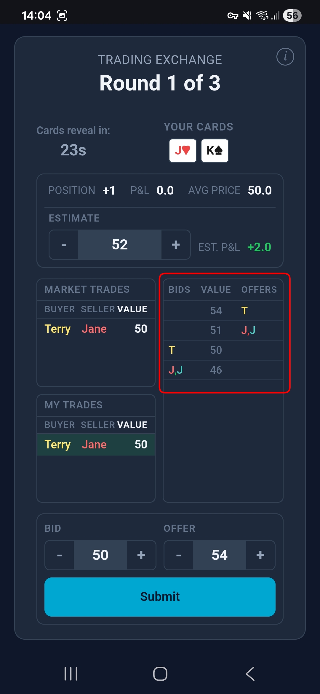 Trading Exchange — round 1, market reacts