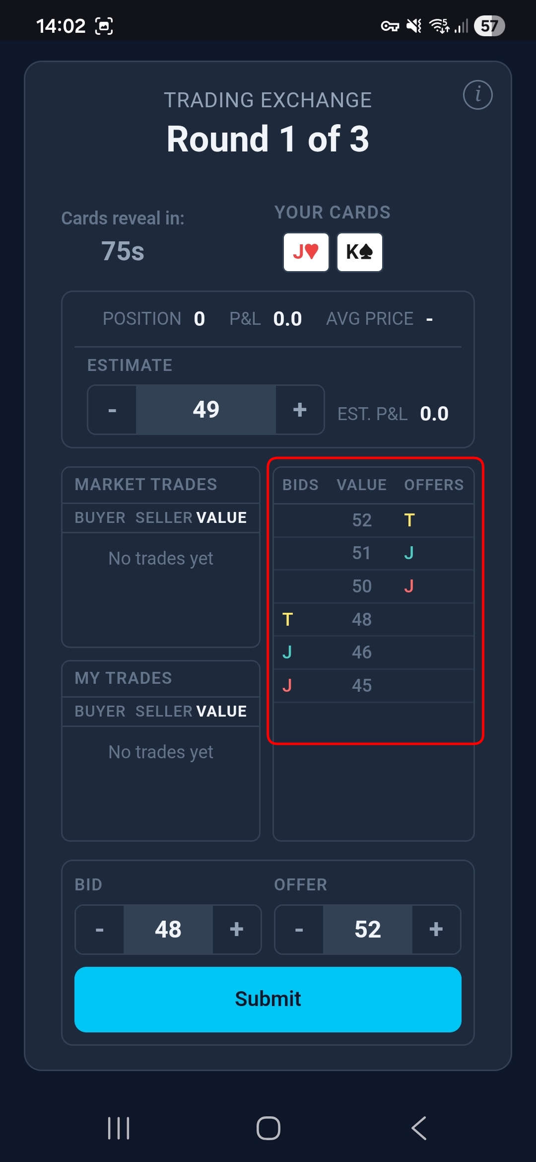 Trading Exchange — round 1, no trades yet