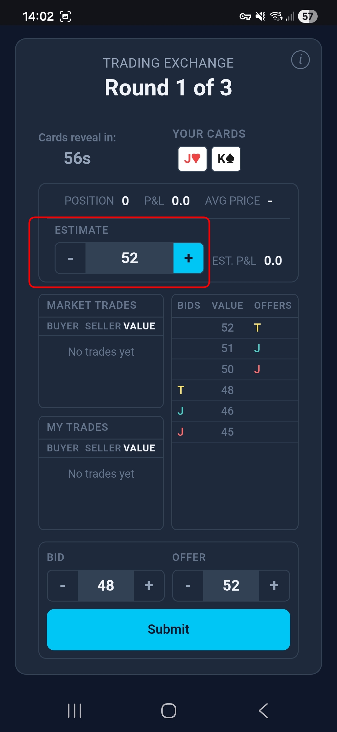 Trading Exchange — round 1, no trades, estimate adjusts