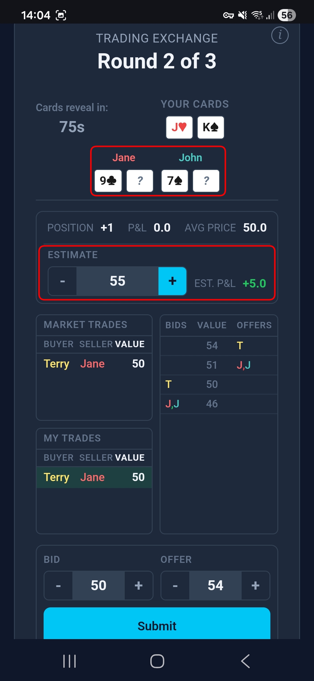 Trading Exchange — round 2, updating estimate