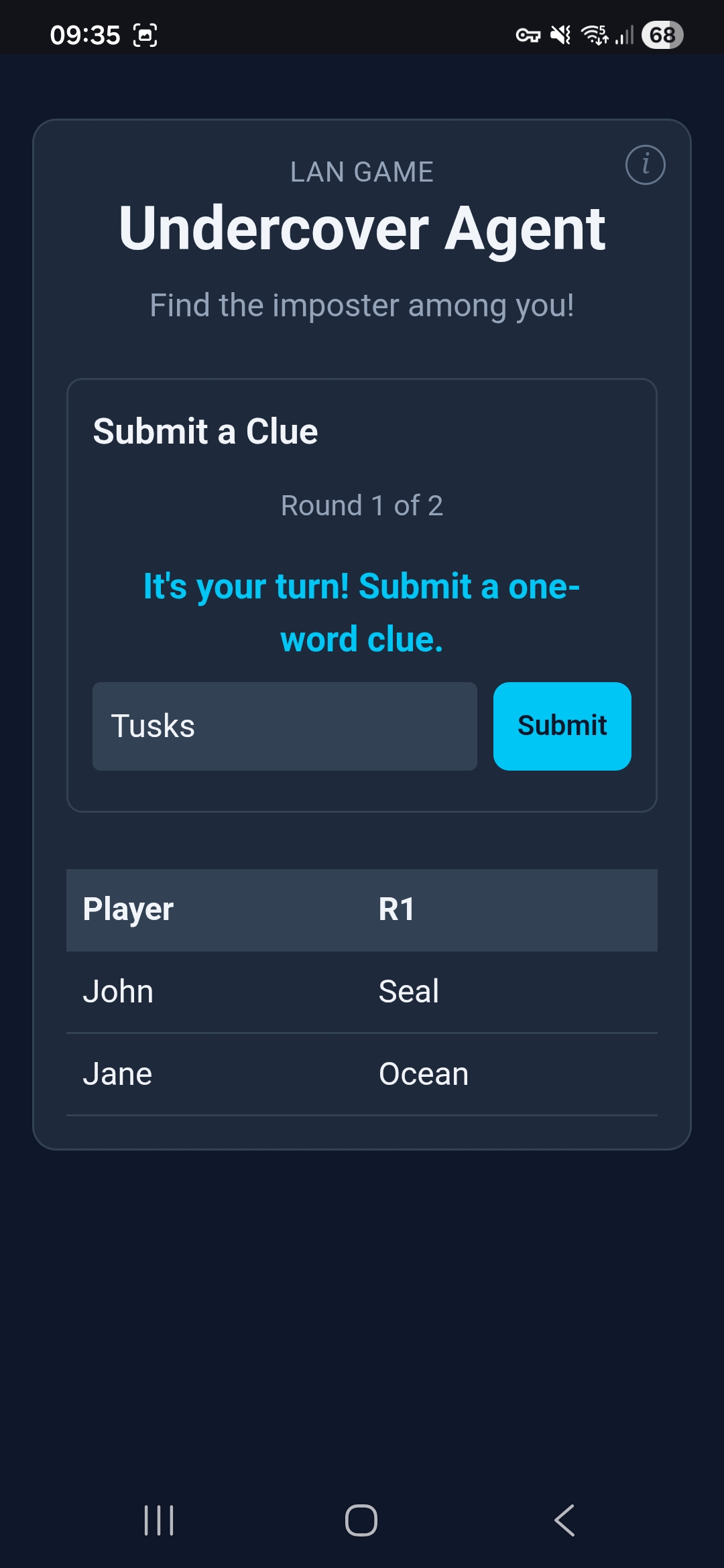Undercover Agent — my turn to submit a clue